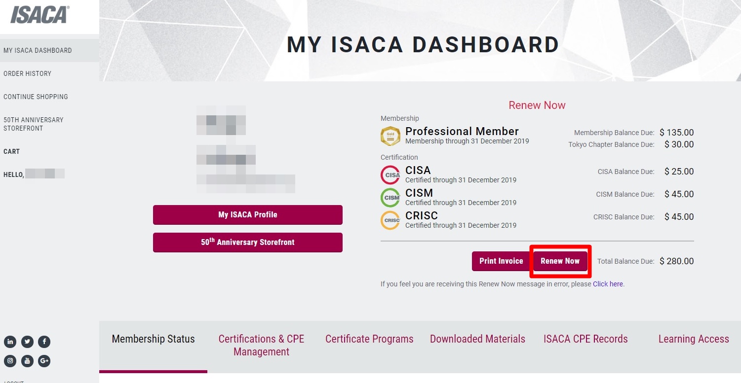 ISACA年会費支払い（RENEWALS）のやり方 日日是マシュマロ